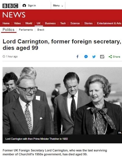 На 99-годишна възраст почина дългогодишният британски политик Питър Карингтън, предаде